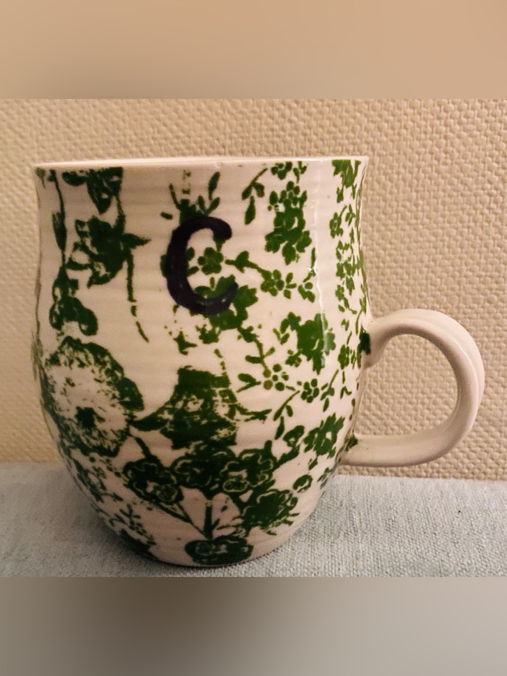 Anthropologie Homegrown Monogram Initial "C" Coffee Mug - Green Floral 14oz